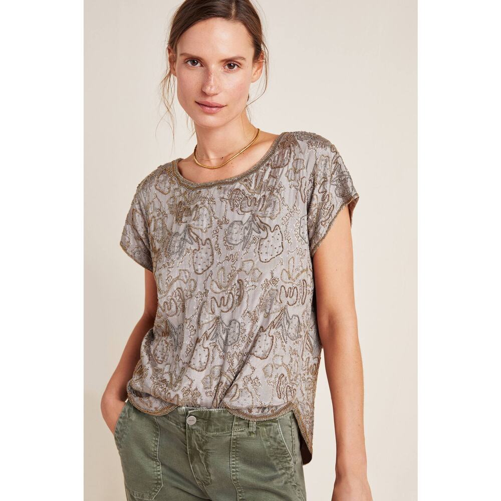 New Anthropologie x Love Sam Lorelei Hand Beaded Blouse $325 Small EARTH